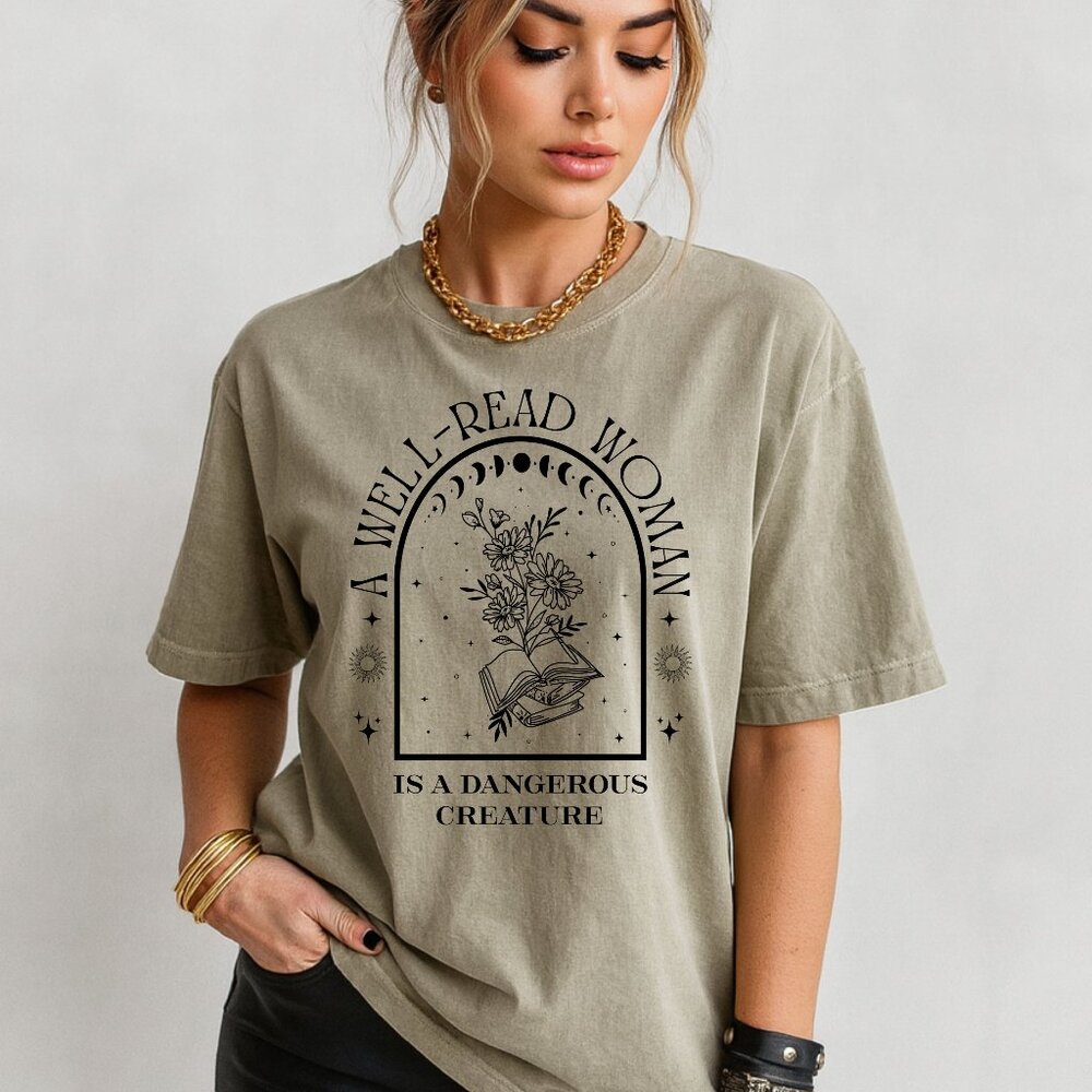 NEW Well Read Woman Is A Dangerous Creature Graphic Tee Shirt Book Lover Gift